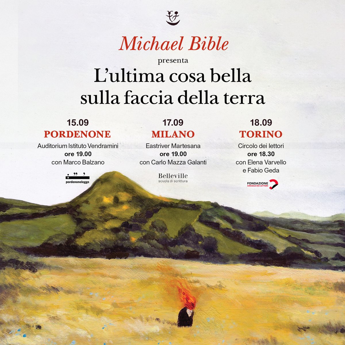 Michael Bible sarà prestissimo in Italia per presentare il suo nuovo libro, L'ultima cosa bella sulla faccia della terra: Pordenone, Milano, Torino, dal 15 al 18 settembre.