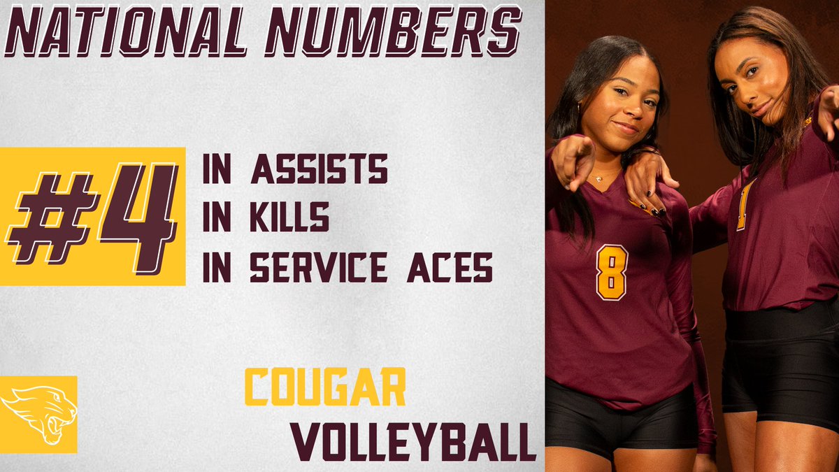 cuc_volleyball's tweet photo. 🚨𝗡𝗮𝘁𝗶𝗼𝗻𝗮𝗹 𝗡𝘂𝗺𝗯𝗲𝗿𝘀 𝗔𝗹𝗲𝗿𝘁🚨

We've got multiple Cougar statistics on the national charts.
TEAM - #4 in the NATION in assists, kills, and service aces
HEYWOOD - #2 in total attacks, #3 in total kills, and #4 in points
VERNENGO - #2 in the NATION in assists https://t.co/tmaqm4UQs4