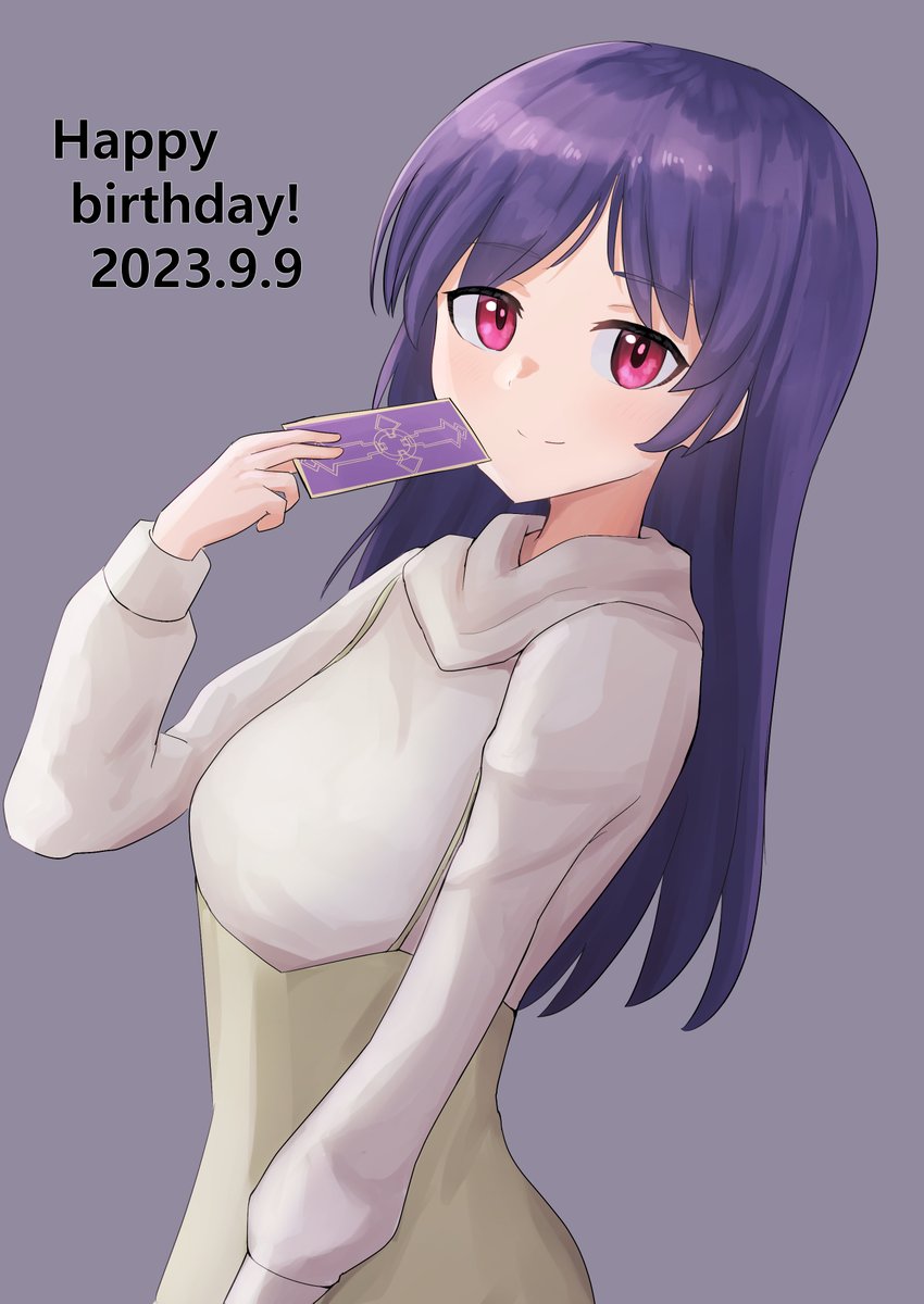 1girl solo happy birthday long hair card purple hair holding  illustration images