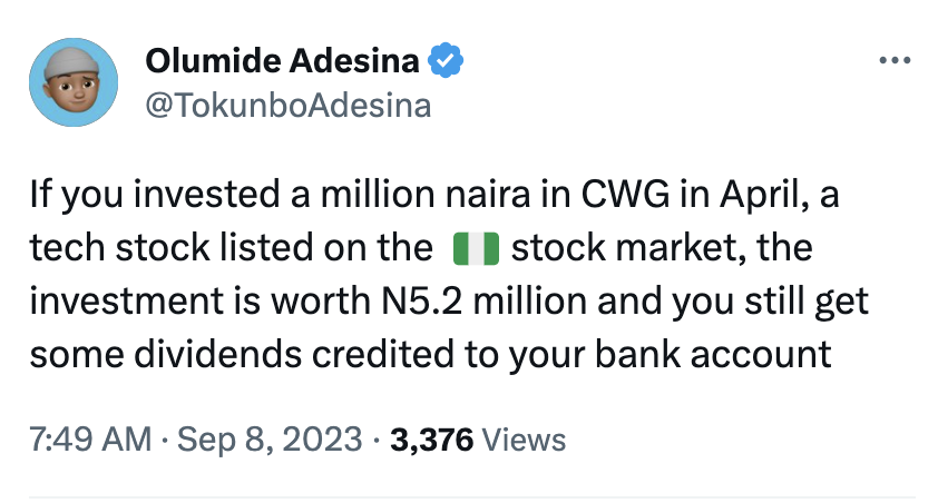 austin_okere's tweet image. Validation is the crowning fulfilment of service 😀

Olumide Adesina’s post on X (formerly Twitter) really does that and more…

Kudos to Adewale Adeyipo and the team at CWG Plc for being one of the best global performers 🙏

#CWGplc #ShareValue #Performance #NGX