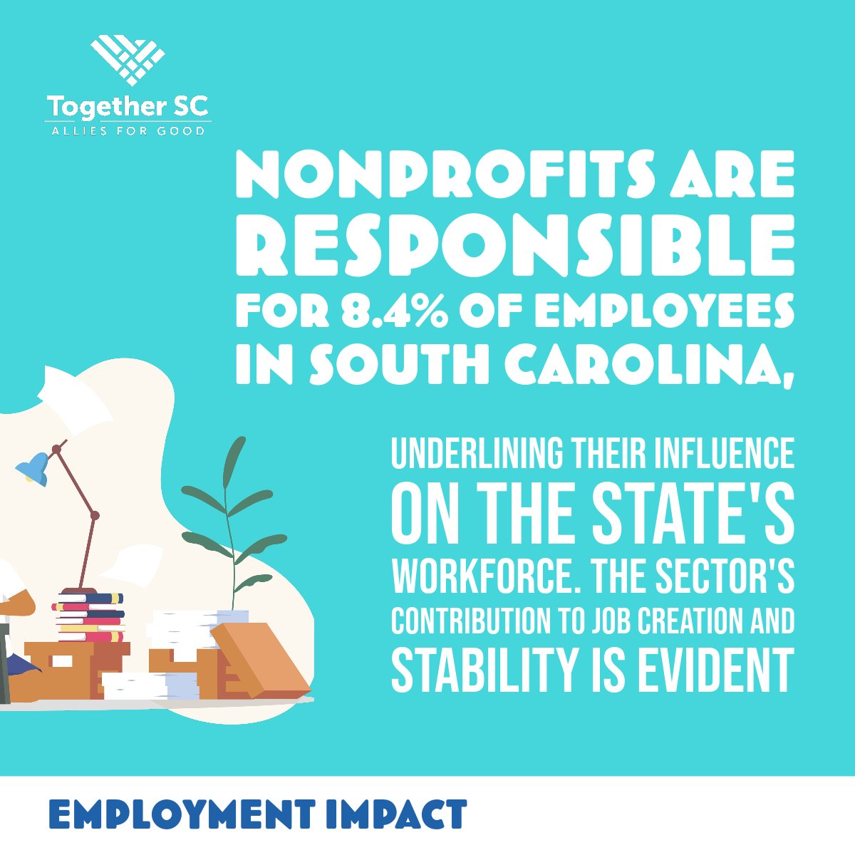 TogetherSC's tweet photo. #WorkforceDevelopment Nonprofit Employment Impact

Nonprofits are responsible for 8.4% of employees in SC, underlining their influence on the state's workforce. 

The sector's contribution to job creation and stability is evident. 

Learn More: https://t.co/QjONv53mhw https://t.co/uyOpbye8d9