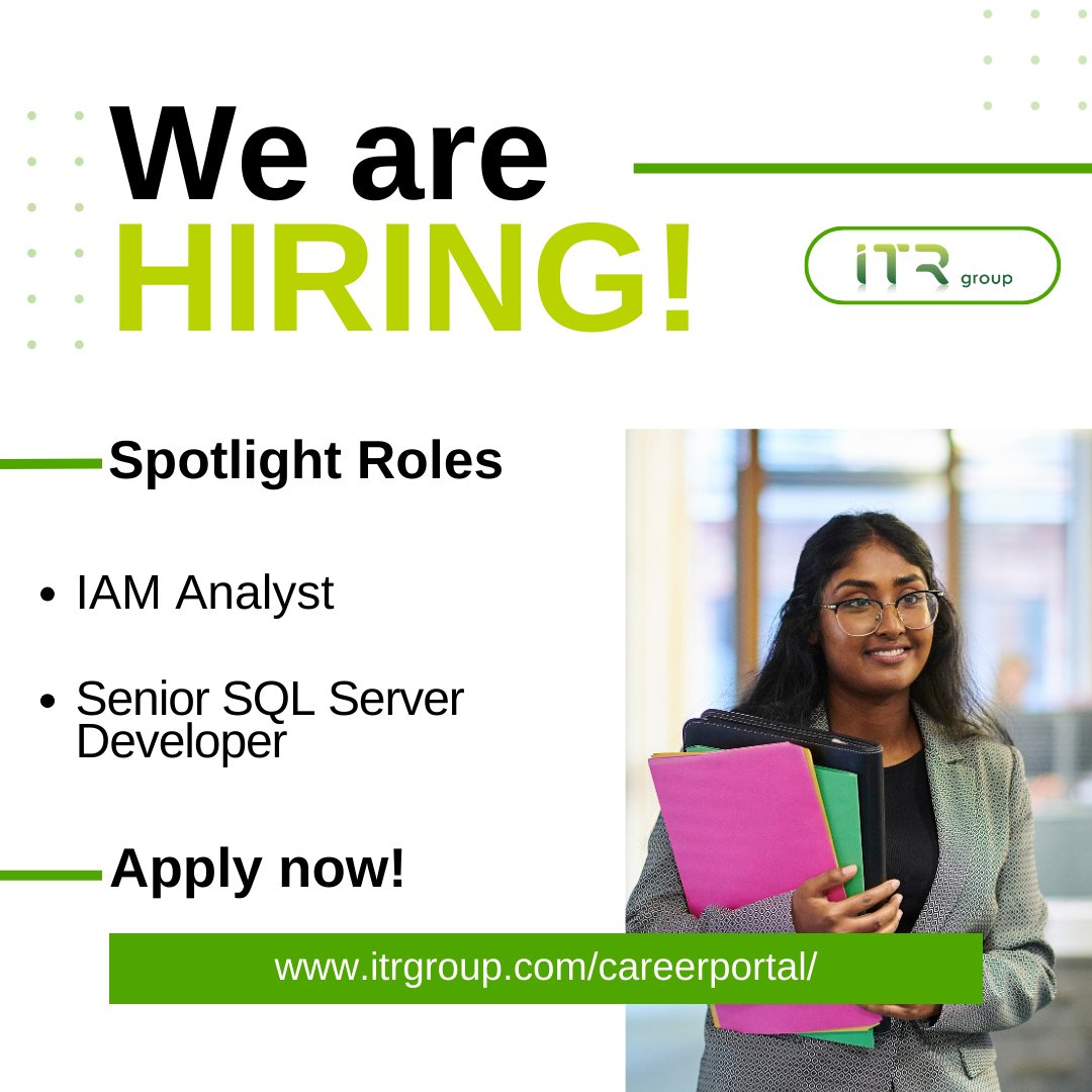 ITRGroup's tweet image. We're Hiring!
This week's spotlight roles:
- IAM Analyst
- Senior SQL Server Developer
To learn more about these roles or our other openings, check out our career page or contact us today. loom.ly/qynI6B0
#IAMAnalyst #SQLServerDeveloper #TechJobs #ITJobs #JobListing