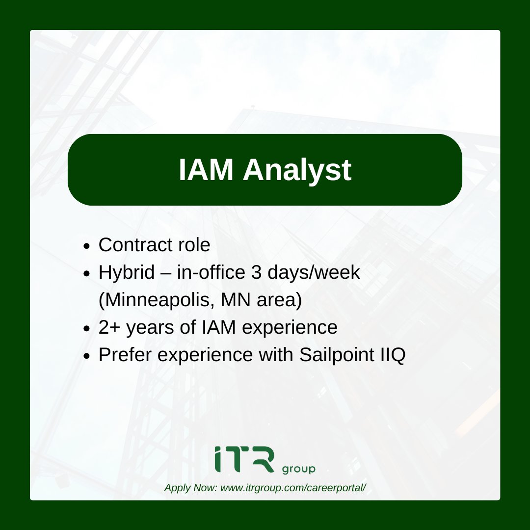 ITRGroup's tweet image. We're Hiring!
This week's spotlight roles:
- IAM Analyst
- Senior SQL Server Developer
To learn more about these roles or our other openings, check out our career page or contact us today. loom.ly/qynI6B0
#IAMAnalyst #SQLServerDeveloper #TechJobs #ITJobs #JobListing