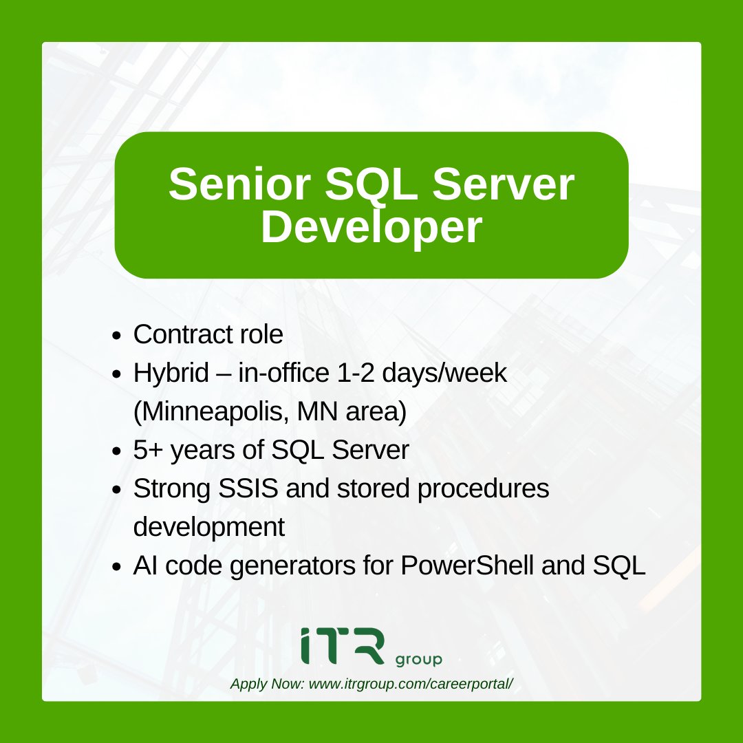 ITRGroup's tweet image. We're Hiring!
This week's spotlight roles:
- IAM Analyst
- Senior SQL Server Developer
To learn more about these roles or our other openings, check out our career page or contact us today. loom.ly/qynI6B0
#IAMAnalyst #SQLServerDeveloper #TechJobs #ITJobs #JobListing