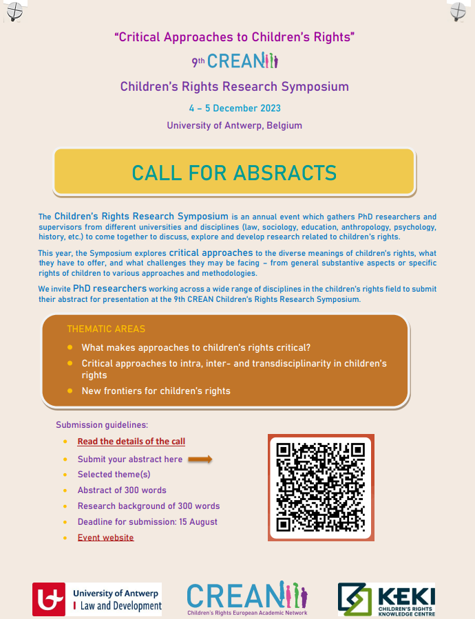 FINAL CALL: September 15th 🚨 ❗ Don't miss the last chance to submit your abstracts for the 9th #PhD Symposium on Critical Approaches to Children's Rights, hosted by the @UAfsw Join us in advancing #Research on #childrenrights @rob_ruggiero, @WVandenhole, @Mane_Kocharyan #crean