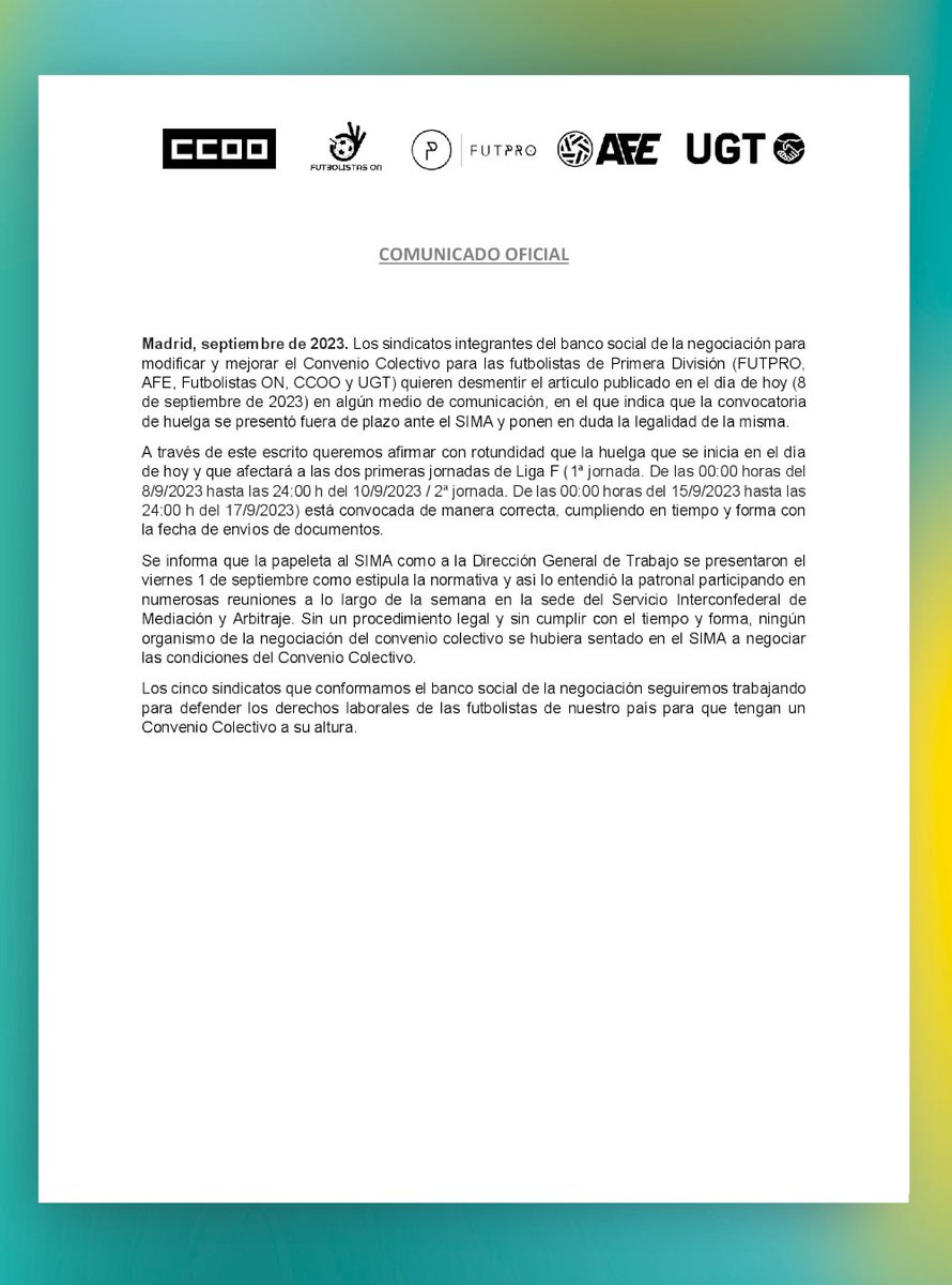 🚨 COMUNICADO OFICIAL 🚨 Los 5 sindicatos queremos afirmar con rotundidad que la huelga que se inicia en el día de hoy y que afectará a las dos primeras jornadas de Liga F está convocada de manera correcta, cumpliendo en tiempo y forma. futpro.es/2023/09/08/com…