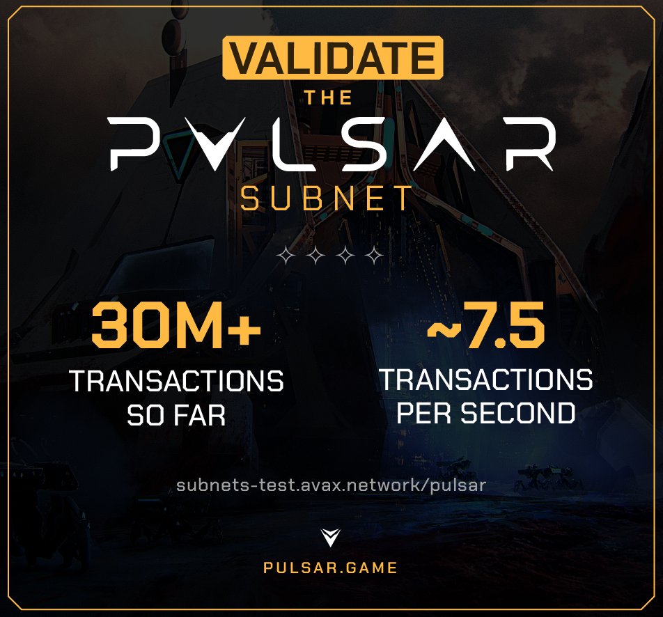 Calling all Avalanche Validators: Pulsar is looking for more participants to become validators for the Subnet launching soon.

If you're interested, send a DM to @pulsargame to learn more.