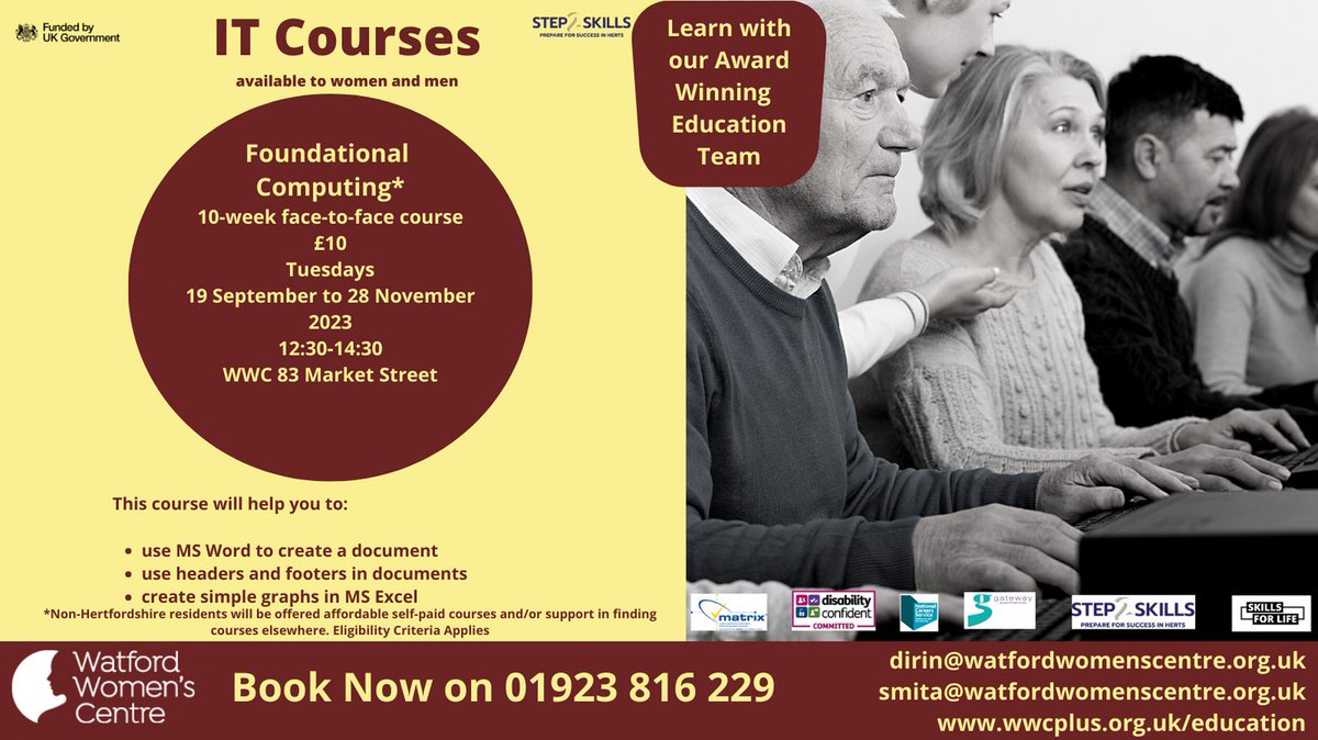 IT Skills are fast becoming essential life skills. Learn Microsoft Word and Excel Skills in this low cost course for beginners.
wwcplus.org.uk/education

Step 2 Skills funds most of our courses. hertfordshire.gov.uk/microsites/adu…

#digitalpoverty #technology #ITSkills #ICT #computerliterate