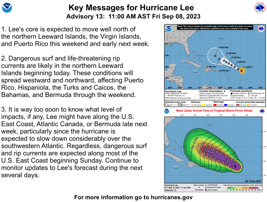 NHC_Atlantic's tweet photo. 11AM AST Sep 8: #Lee expected to remain a powerful hurricane through early next week. Dangerous beach conditions expected to develop around the Western Atlantic through early next week. Visit https://t.co/tW4KeGdBFb for the latest information https://t.co/DeRjXe6aQd