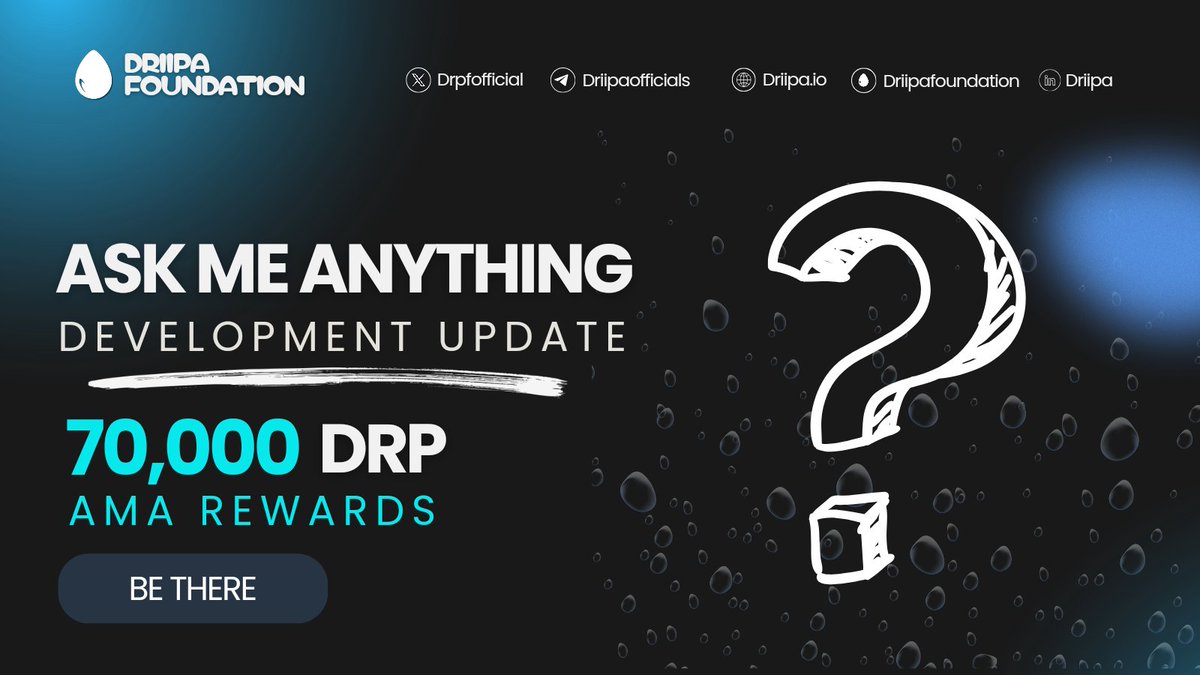 In 2 days, there will be a space ama on 17:00 UTC, Sunday💧

We will be giving away $70,000 Driipcoins to 3 people with best questions 🎙

To qualify:
💧 Follow Twitter.com/drpfofficial &amp; join t.me/Driipaofficial…
💧 Like + RT
💧 Tag 3 friends
👇 Be in the twitter space