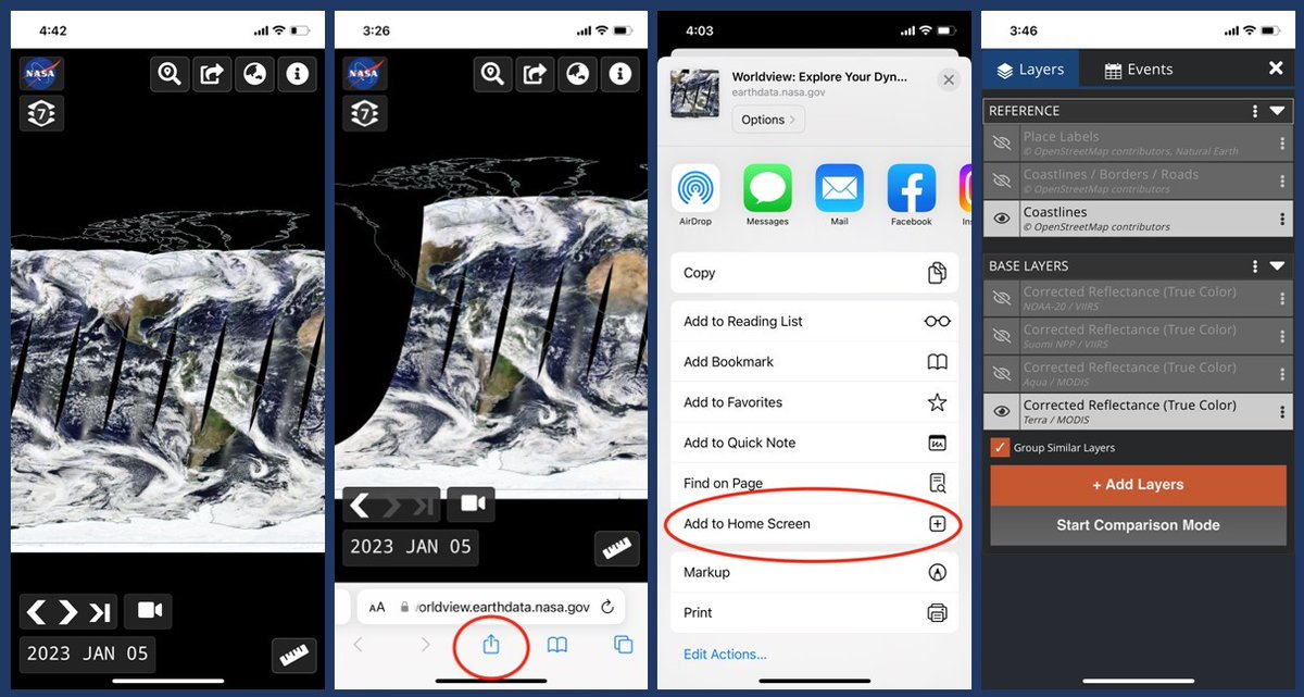 NASAEarthData's tweet image. Tips for Using Worldview on Mobile Devices
Did you know that #NASAWorldview can be used on mobile devices? The functionality is a bit different than accessing it via a browser on your desktop computer or laptop, but you can do a lot of the same things! 
go.nasa.gov/3R7lQD0