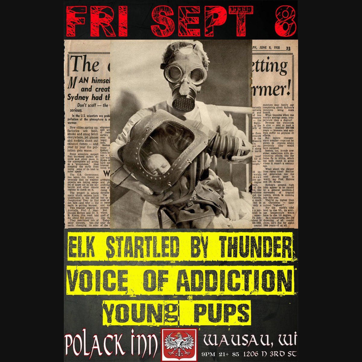 TONIGHT! in WAUSAU Wisconsin at @polackinn w/ #elkstartledbythunder & @VOArockers & @yxvngpvps facebook.com/events/1449225… #PunkShow #punk #VoiceOfAddiction #Chicagopunk #punkrock #VOA #DIY #FYP