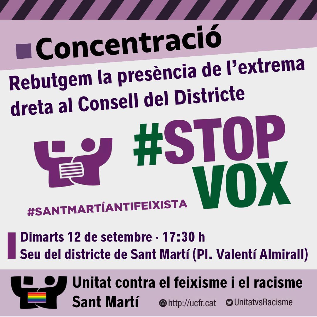 ⛔️ Alerta Ultra ‼️
✅ Dimarts 12 setembre
⏰ 17.30 hores
📌 Pl Valentí Almirall (seu del districte de Sant Martí)

No normalitzem l’extrema dreta‼️

Protestem contra l’entrada de VOX i els seus discursos d’odi a <a href="/Bcn_SantMarti/">Districte de Sant Martí</a> 
Us hi esperem a tothom! #STOPVOX #STOPODI