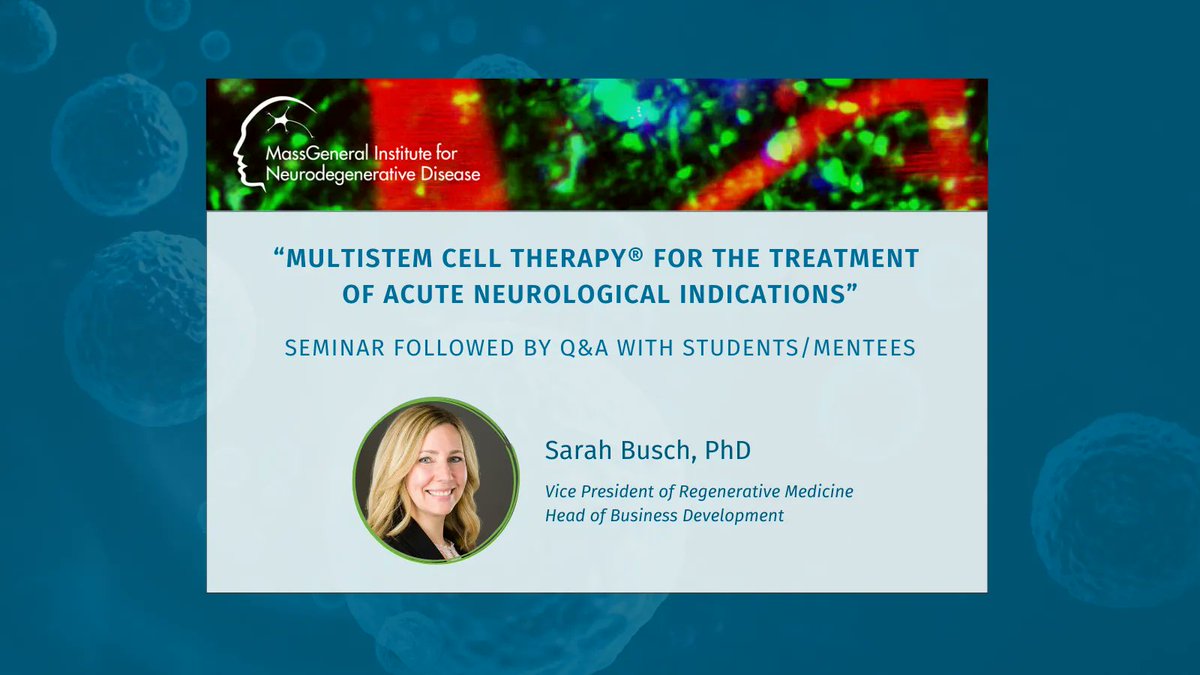 We wish Sarah a great day at Massachusetts General Hospital as she speaks to their Department of Neurology on MultiStem Cell Therapy for the Treatment of Acute Neurological Indications! 

#MultiStem #CellTherapy #Neurology