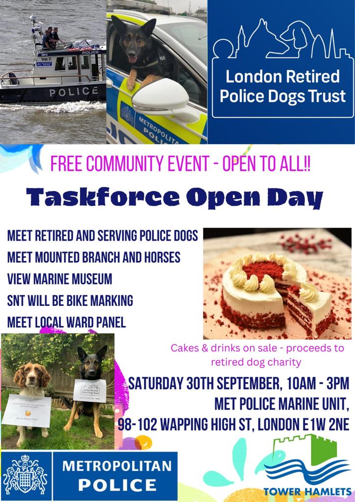 We are having an open day at our Historic Wapping HQ. Open to all, please come down and meet our officers, Horses and Dogs. Sat Sept 30th 10-3