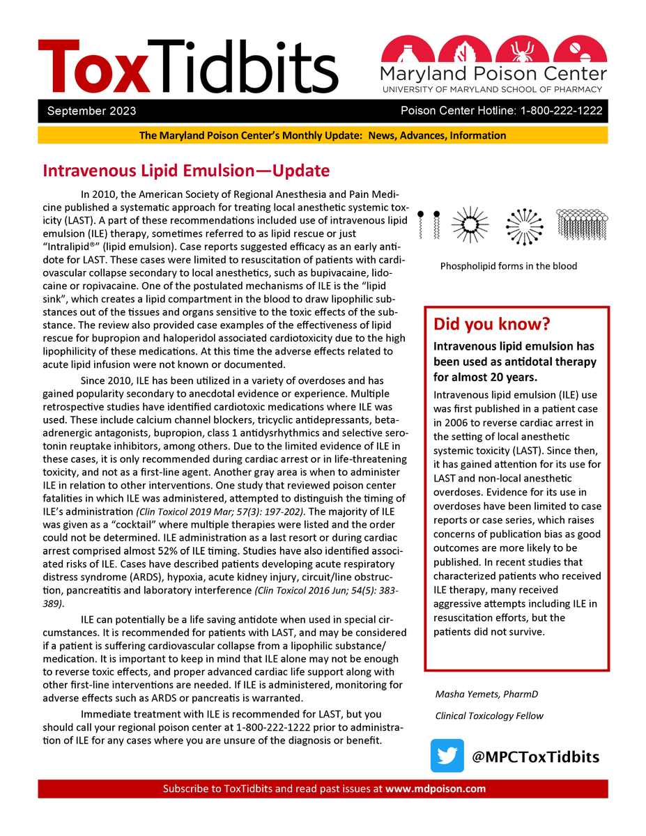 Our latest edition of ToxTidbits on Intravenous Lipid Emulsion, written by our Senior Tox Fellow- bit.ly/IVLipidsTTB