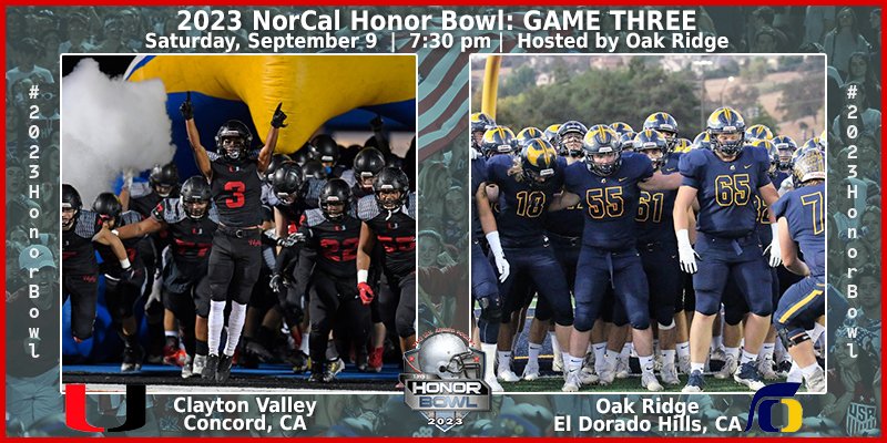 2023 NorCal Honor Bowl - <a href="/cv_football/">CV Football</a> vs @oakridetrojans GAME THREE - Hosted by <a href="/OakRidgeTrojans/">Oak Ridge Football</a> 9/9 at 7:30 pm! Come and witness why #honorbowl is 'more than just a football game!' This is the finale game for the 2023 Honor Bowl and we are proud that the <a href="/49ers/">San Francisco 49ers</a> are the