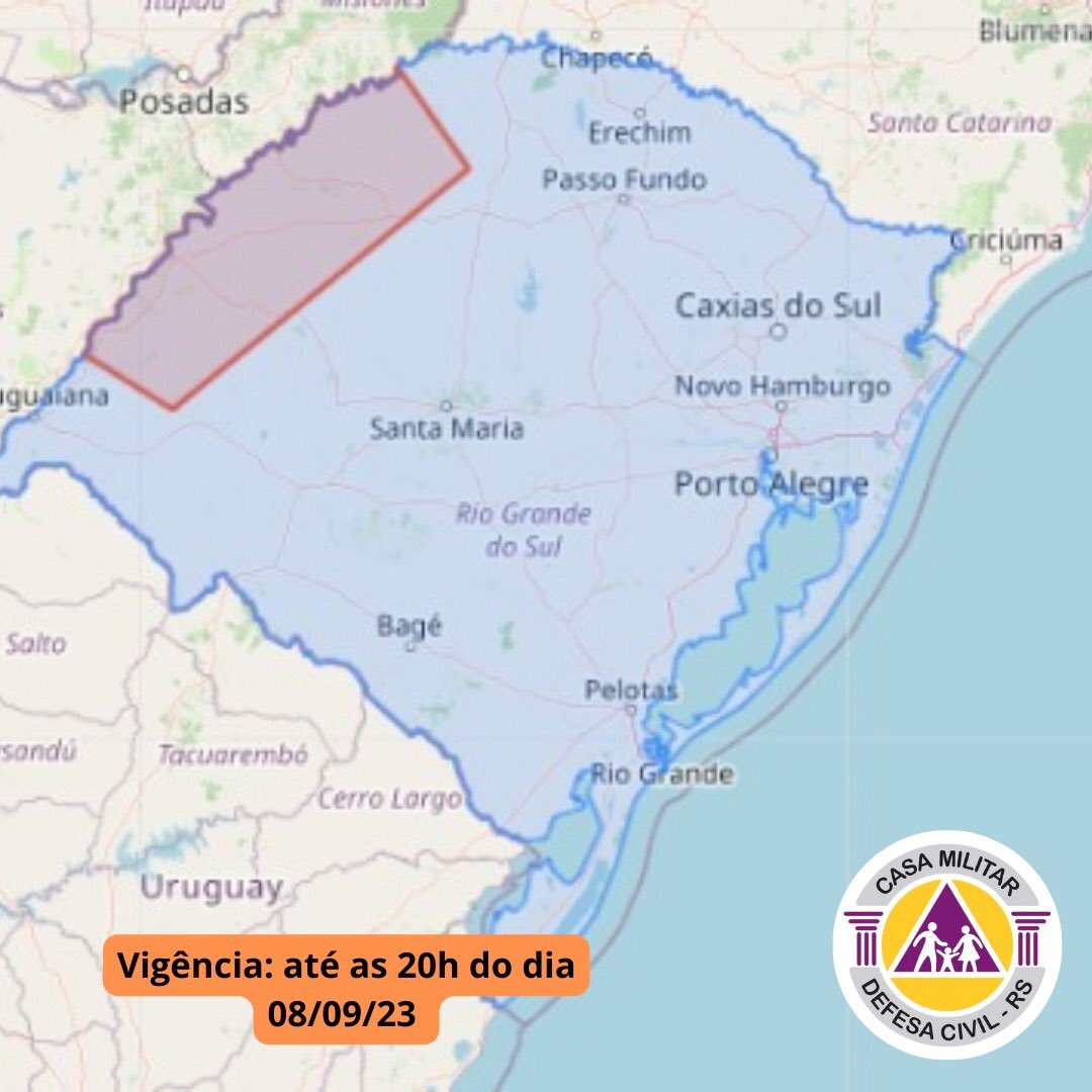 Alerta de temporais, descargas elétricas, eventual queda de granizo e rajadas de vento. Válido até 20h desta sexta 08/09/23.Emergência ligue 190/193.