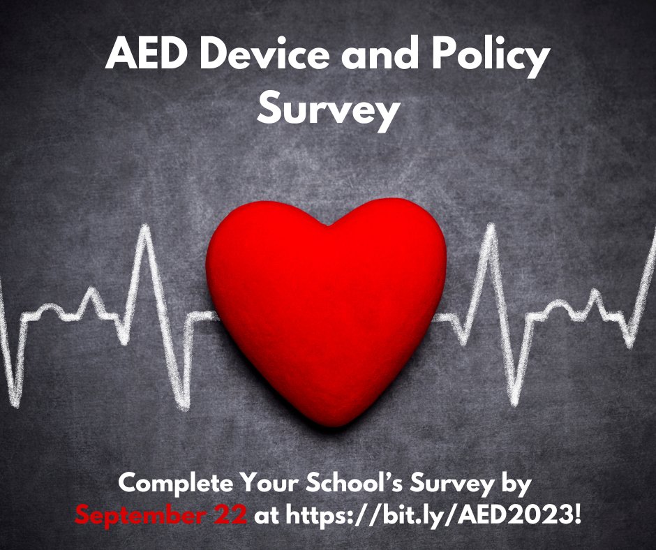IDOE is conducting a statewide survey of all schools to determine the number of Automated External Defibrillators (AEDs) and AED-related school policies currently in use. Please complete the survey by September 22 at bit.ly/AED2023.