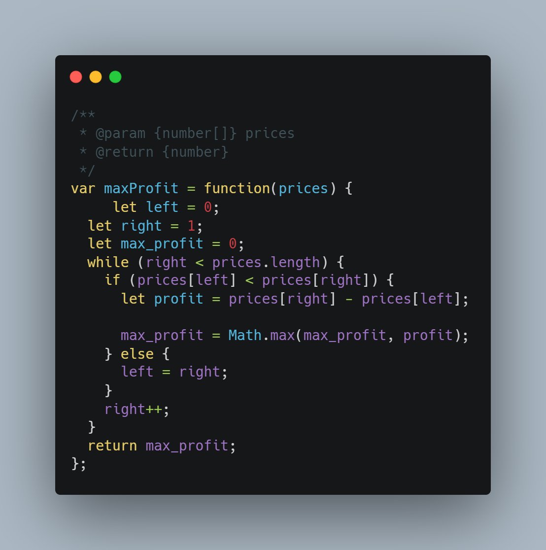 Day: 8
This function takes an array of prices as input and returns the maximum profit that can be made by buying and selling a stock once.
#AlgorithmSeptember #WebDevelopment #JavaScript #Algorithms #Careerwise #AlgoSept
@RebaseAcademy
#30daysAlgo