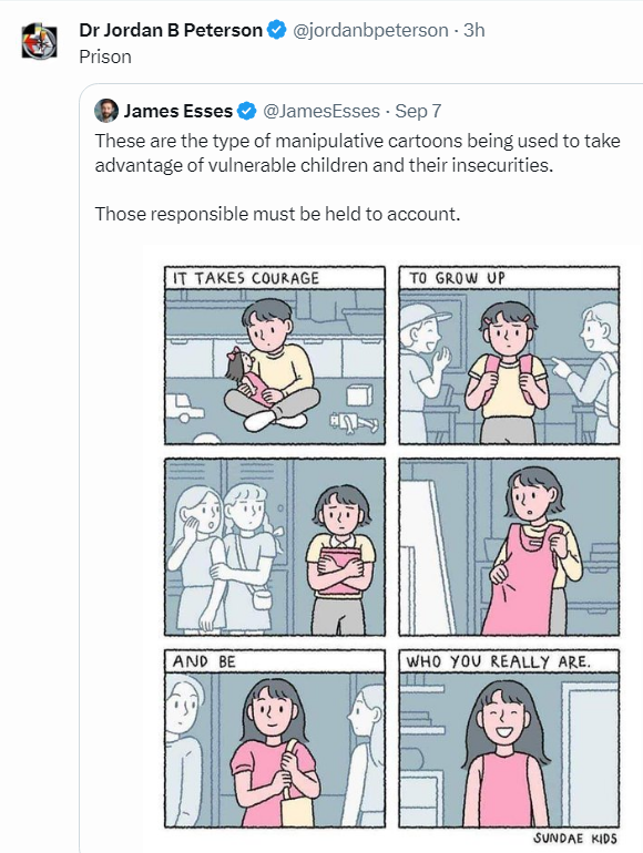 Remember how Jordan Peterson's whole thing is definitely free speech and that is definitely why he opposed Bill C-16 and he was ready to die in jail rather than pay a hypothetical fine due to misgendering? 

Now he thinks people should go to jail for drawing comics 🤷‍♂️