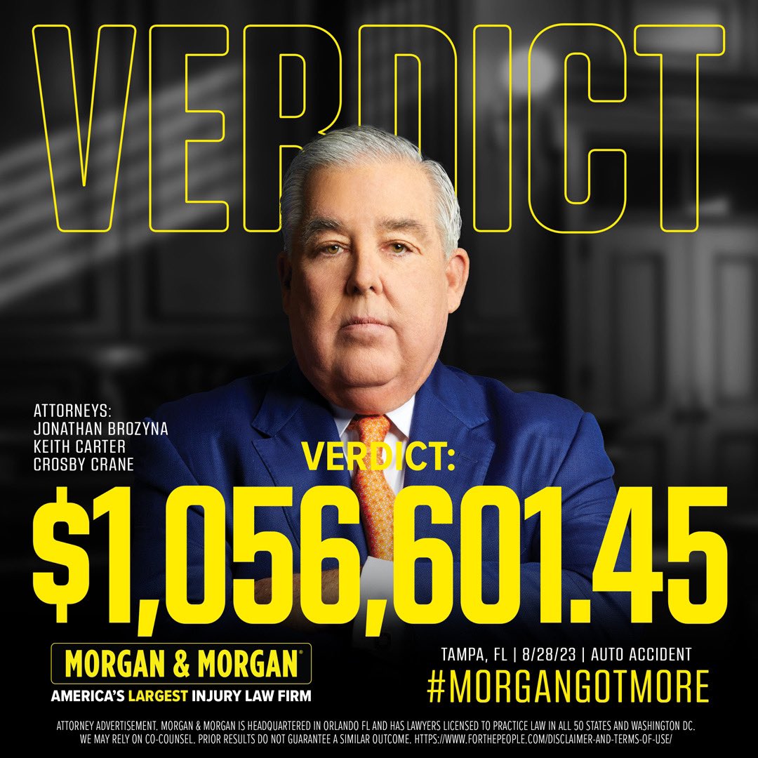 🚨 #VerdictAlert:

Keith Carter, Jonathan Brozyna and Crosby Crane just received a $1,056,601.45 verdict for our client in Polk County, FL!

Proud of our attorneys for always advocating #ForThePeople 💪

#MorganGotMore #MorganMath #LAW