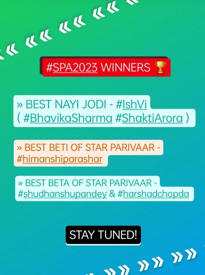 #SuperExclusive
#SPA2023 #StarParivaarAwards

» Best Nayi Jodi Of #StarParivaar - #IshVi #ShaktiArora - #BhavikaSharma #GHKKPM
» Best Beta Of #StarParivaar - #HarshadChopda, #SudhanshuPandey
#yrkkh | #Anupamaa
»Best Beti - #HimanshiParasar #TeriMeriDoriyaann

@PPtvOfficial