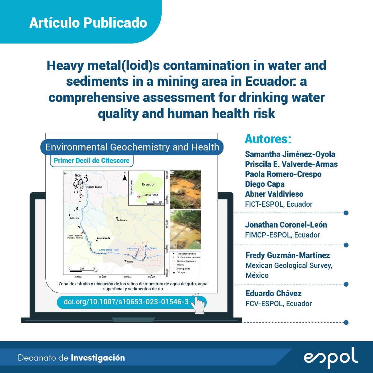 Nuevo estudio de primer decil identificó la presencia de Arsénico en el agua de consumo, además  de elementos potencialmente tóxicos en los sedimentos del Río Santa  Rosa. La evaluación probabilística arrojó niveles inaceptables de riesgo.

Artículo👇 link.springer.com/article/10.100…