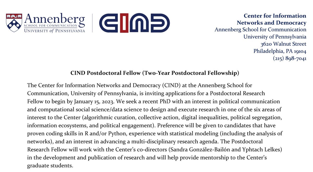 We have a new postdoc position open: asc.upenn.edu/research/cente… Come to work with @ylelkes and I as CIND's inaugural Postdoctoral Fellow! We'll start evaluating applications on September 25. @AnnenbergPenn