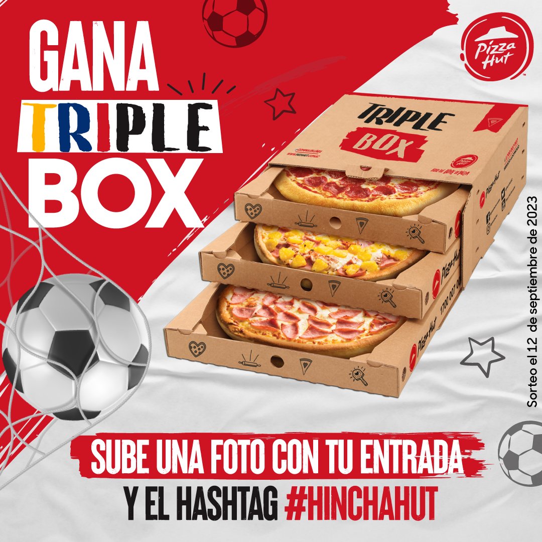 ¡Apoyamos a nuestra Selección⚽️🇪🇨!
Sortearemos entre sus mejores hichas una #TRIpleBox el 12/09.

Para participar 👉Comenta una foto con tu entrada y el hashtag #HinchaHut y disfruta de la mejor pizza con la mejor selección.

#Eliminatorias #EcVsUru #Fútbol #Ecuador #Uruguay