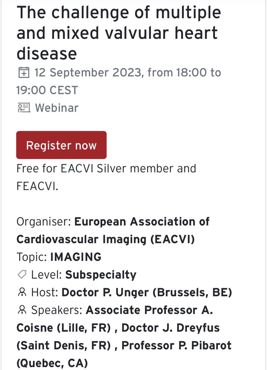 🚨 Are you interested in multiple and mixed valvular heart disease? ✅ Still time to register for the next #EACVI webinar with great speakers : @PPibarot, @juliendreyfus1, @PhilippeUnger 📅 September 12th, 6-7pm CET 🖥️ lnkd.in/eZ-tdaGs