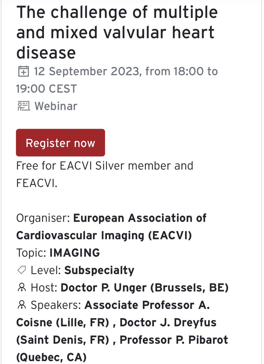 🚨 Are you interested in multiple and mixed valvular heart disease?  

✅ Still time to register for the next #EACVI webinar with great speakers : <a href="/PPibarot/">Philippe Pibarot</a>, <a href="/juliendreyfus1/">Dreyfus Julien</a>, <a href="/PhilippeUnger/">Philippe Unger</a> 

📅 September 12th, 6-7pm CET

 🖥️ lnkd.in/eZ-tdaGs