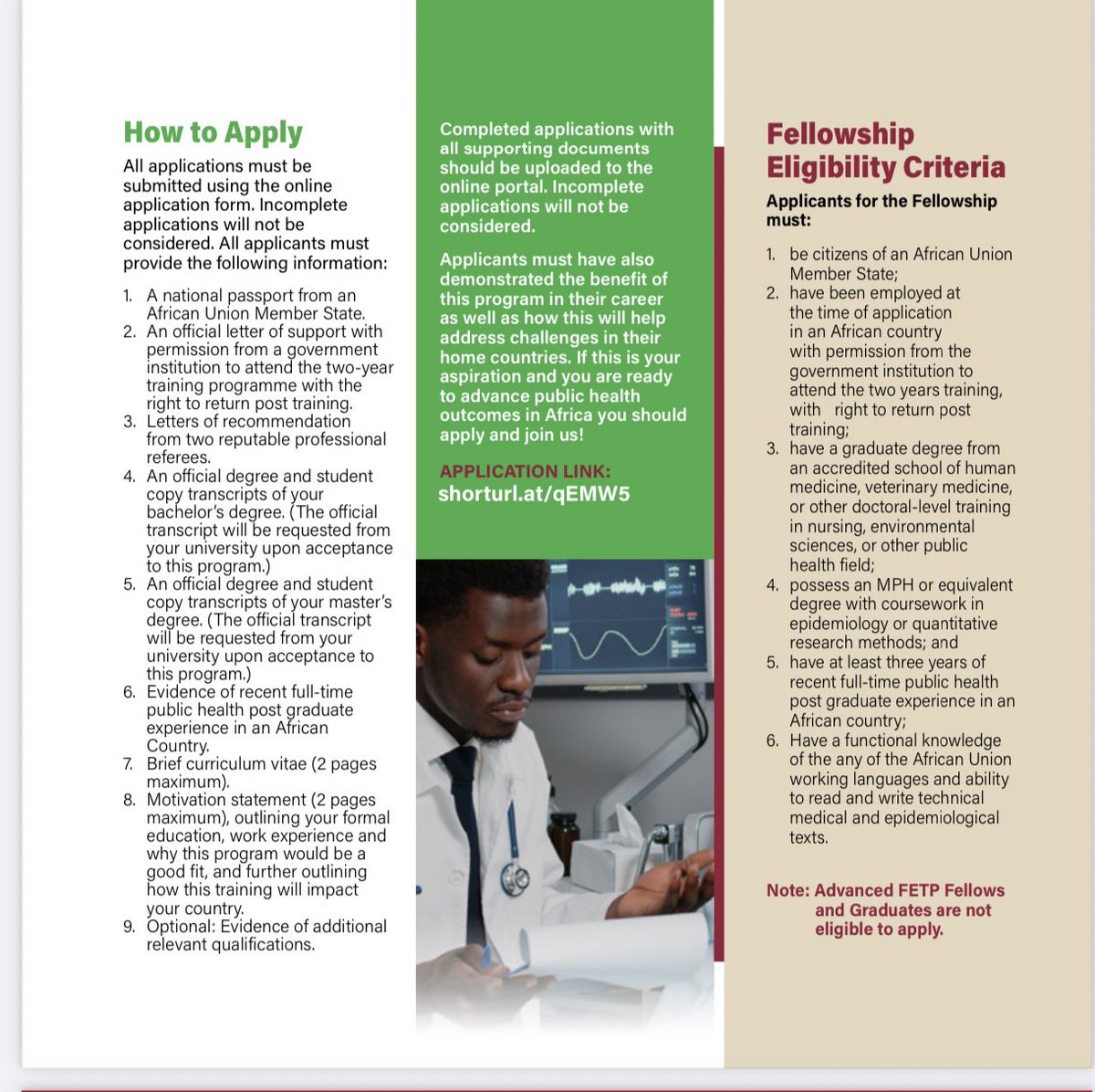 On #WorldFieldEpidemiologyDay, the @AfricaCDC announced the launch of a new Africa Epidemic Service Fellowship- a 2-year fellowship that provides training on applied epidemiology More details & to apply: africacdc.org/african-epidem… Deadline - October 26, 2023