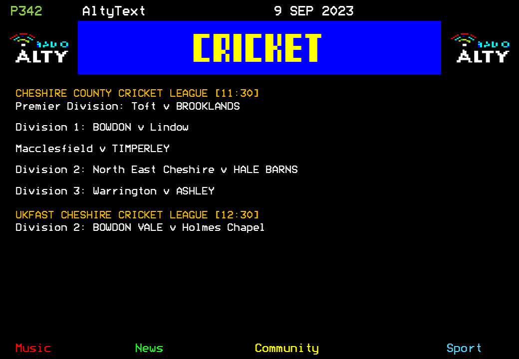 #AltyText - Cricket. Here's today's fixtures for <a href="/Brooklands_CC/">Brooklands Cricket</a>, <a href="/BowdonCricket/">Bowdon Cricket Club</a>, <a href="/Timperley_CC/">TimperleyCricketClub</a>, <a href="/HaleBarnsCC/">Hale Barns Cricket Club</a>, <a href="/CricketAshleyCC/">Ashley Cricket Club</a> and <a href="/BowdonValeCC/">Bowdon Vale CC</a>. #RadioAltySport