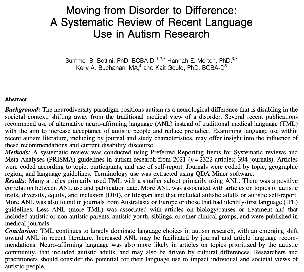 Hannah_Morton9's tweet photo. Excited to see our review of language use in autism research in @AutismAdulthood!

Researchers are shifting to use more neuro-affirming language, with differences by topic, participants, and journals.

@summer_bottini @kellyabuch @KaitGouldPhD 

https://t.co/yQyBqvVzk5 https://t.co/t0a33sTuK5