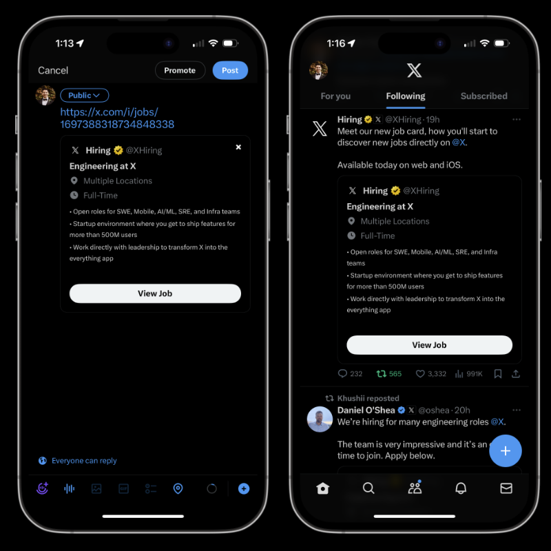 XHiring's tweet photo. Job Cards are the newest way to share your open roles on X.

Millions of users will start to discover jobs through the timeline, communities, and DMs.

Apply for the Beta today and get unlimited job post slots with your Verified Org account.