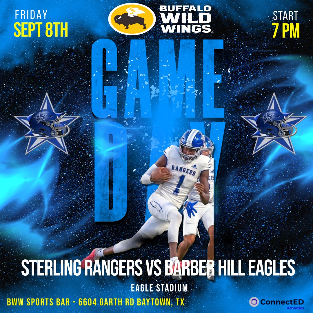 🏈🍗 Hey Sterling HS community, it's time to huddle up for a fantastic cause! 🙌🏾🏘️Show your support for @RSS_RangersFB by fueling up at your local @BWWings throughout the season! Together, we can help our football team shine even brighter!🌟 See you at B-Dubs! 🍗🏈🤝@rss_rangers