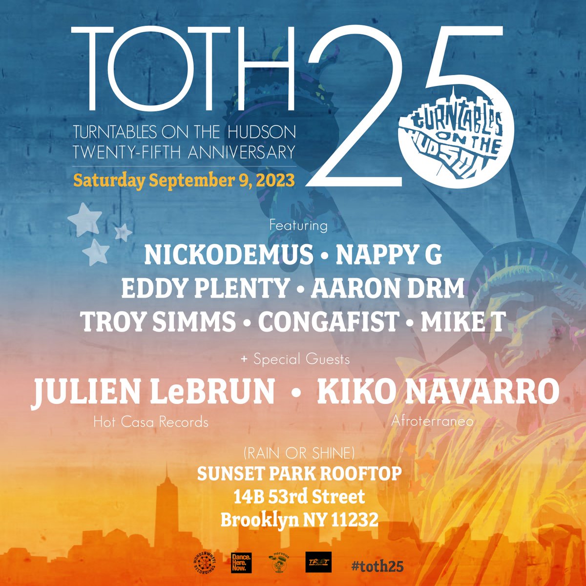 NickodemusNYC's tweet photo. BIG party SATURDAY Sept 9 in BROOKLYN #toth25 #turntablesonthehudson #nickodemus #nappyg #eddyplenty #kikonavarro #percussion #outdoorparty #nycparty @WonderWheelRecs @hotcasarecords @NERVOUSRECORDS @bennysoto #sunsetparkrooftop https://t.co/Tm53UzD92z
