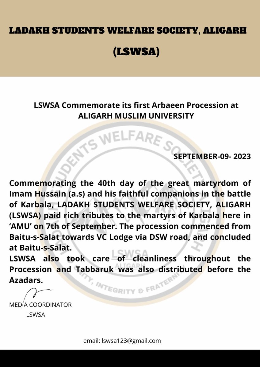 LSWSA_amu's tweet photo. LSWSA Commemorates its first #Arbaeen Procession at #ALIGARH MUSLIM UNIVERSITY.
@LSWSA_amu 
@mohdamin162 @Iamvillu24 @ali_zairy @lil_ladakhi @mohdajaz_lab @NorthIndiaTimes @Kargil_Today @MohiLucky 
#lswsa_amu4u https://t.co/nfNCOQgS9E