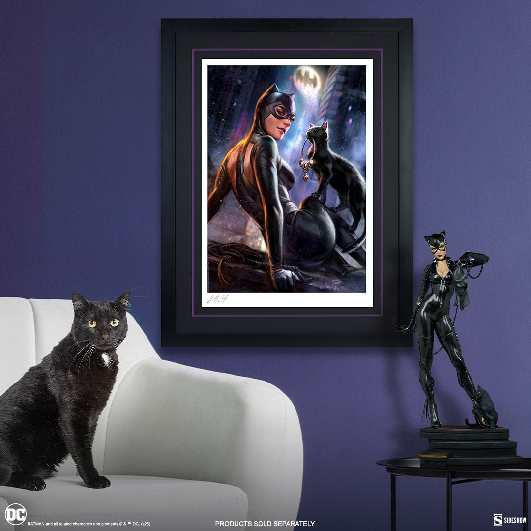 Catwoman basks in the glow of the Bat-Signal in The Catwoman: Girl’s Best Friend Fine Art Print by @maplesyrup_mac. Available for pre-order today in a limited-edition of 200 on paper and 50 on HD Aluminum.

side.show/xu32u

#DC #Art #Batman