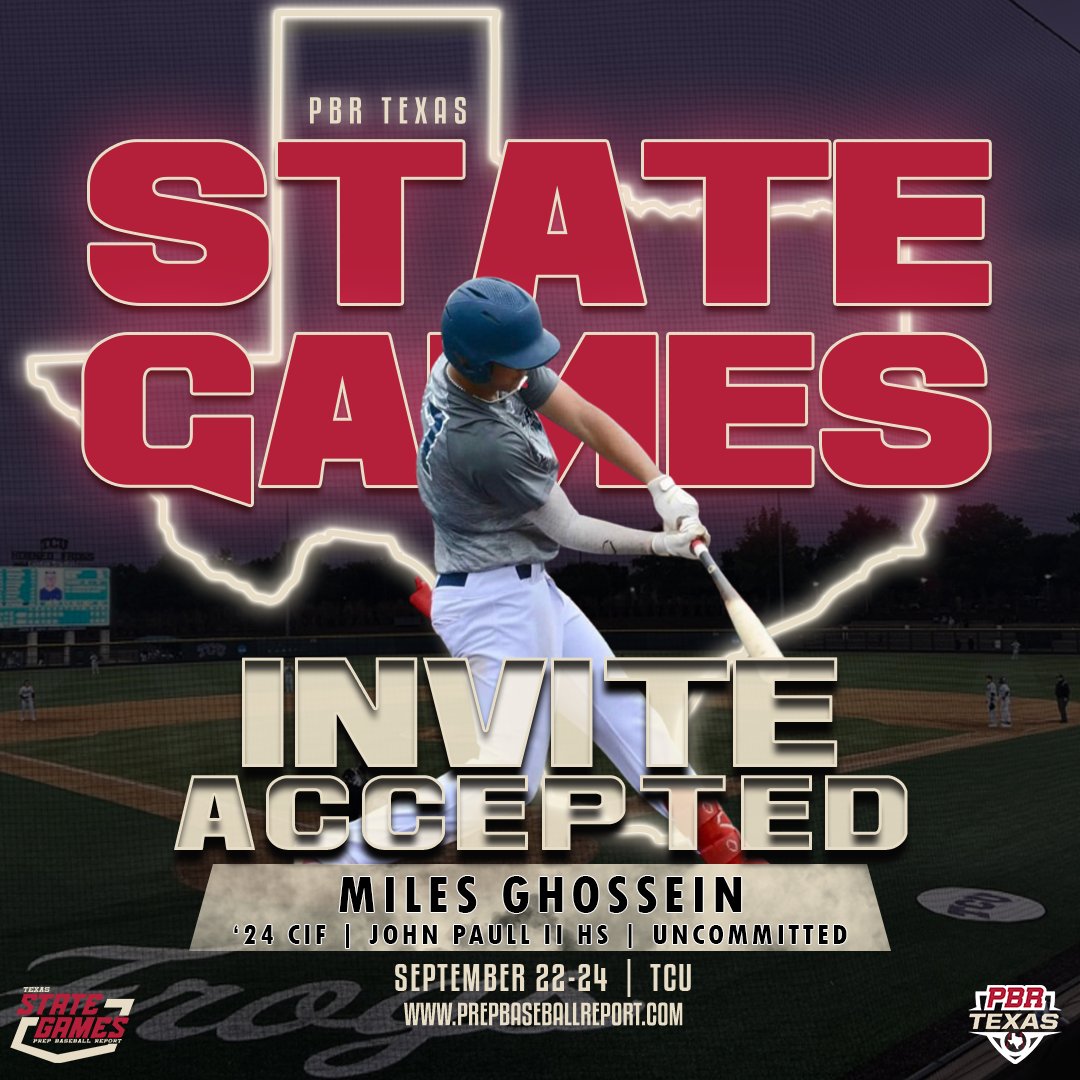 🚨𝐒𝐭𝐚𝐭𝐞 𝐆𝐚𝐦𝐞𝐬 𝐈𝐧𝐯𝐢𝐭𝐞 𝐀𝐜𝐜𝐞𝐩𝐭𝐞𝐝🚨 

'24 CIF Miles Ghossein (<a href="/MilesGhossein77/">Miles Ghossein</a>)
<a href="/jpiihsbaseball/">JPIIHS Baseball</a> | <a href="/USA_PrimeBB/">USA Prime Baseball</a>
 
The uncommitted '24 will join us at the 2nd Annual State Games, 9/22-9/24 at TCU

@PBRGowins | <a href="/prepbaseball/">Prep Baseball</a>

More Info: loom.ly/qm4ZVNc