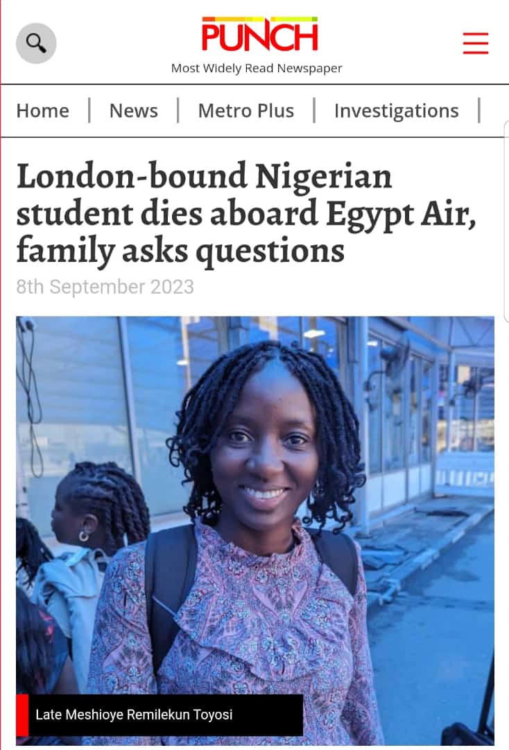 Odun_Ara's tweet photo. She boarded @EGYPTAIR on Monday and we are seeing news of her death on Friday.  Whatever happened in that plane is still covered. This is a painful lost to us and we need answers💔 
@NGRPresident please don't let us down, look into this 🙏 #BBNaijaAllStars #TopBoyNetflix https://t.co/wQVr4w0Lgg