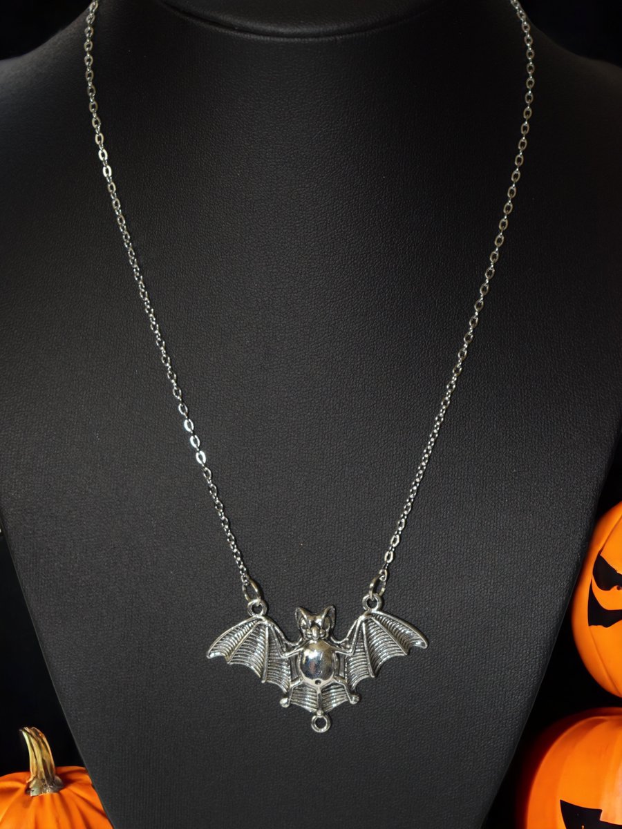 Silver Bat Necklace at The Velvet Skull! the-velvet-skull.com #halloweenjewelry #coffinjewelry #handmadejewelry #Halloween #thevelvetskull #batjewelry #batearrings #spiderjewelry #skulljewelry #safetypinjewelry #skullsandsafetypins