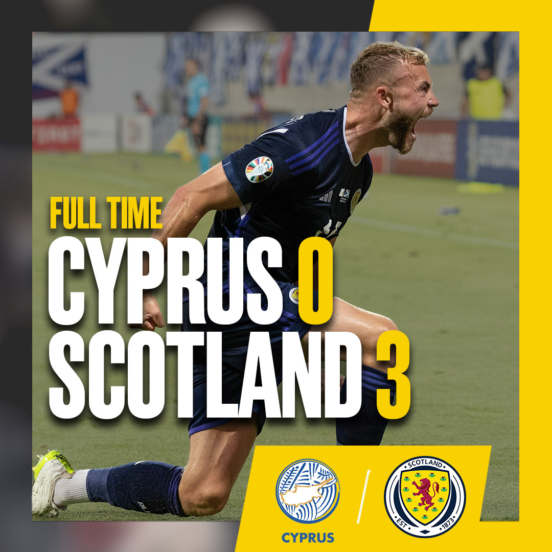 FULL TIME: Cyprus 0-3 Scotland. Controlled, clinical and confident 🏴󠁧󠁢󠁳󠁣󠁴󠁿 First-half goals from Scott McTominay, Ryan Porteous and John McGinn ensure our 100% record continues, as the referee blows for full time in Cyprus. #CYPSCO