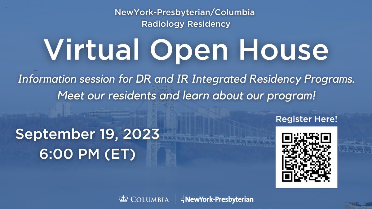 Hey #futureradres! We hope you can join us on the 19th for our virtual open house and hear from our residents about why they love our program. Register here: bit.ly/3P21yt2
<a href="/columbiaradres/">Columbia Radiology Residents</a> <a href="/ColumbiaVIR/">Columbia VIR</a> <a href="/TheRadRoom/">TheRadRoom</a>
#MedStudentTwitter #Match2024