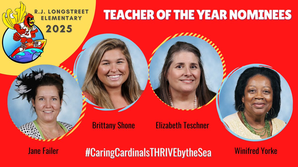 rjlCardinals's tweet image. Congratulations to our 2025 Teacher of the Year Nominees! Ms. Failer, Mrs. Shone, Mrs. Teschner and Mrs. Yorke- we are so proud Cardinals. Show these stellar Cardinals some ❤️ #VCSTOTY #CardinalCommunity #CaringCardinalsTHRIVEbytheSea