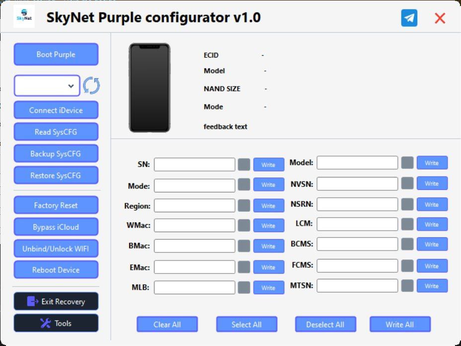 Soon New Tool Skynet Purple Configurator 

With this tool you can read write and 
remove iCloud ipad WiFi device also iPhone changes serial,
we hope will free for everyone