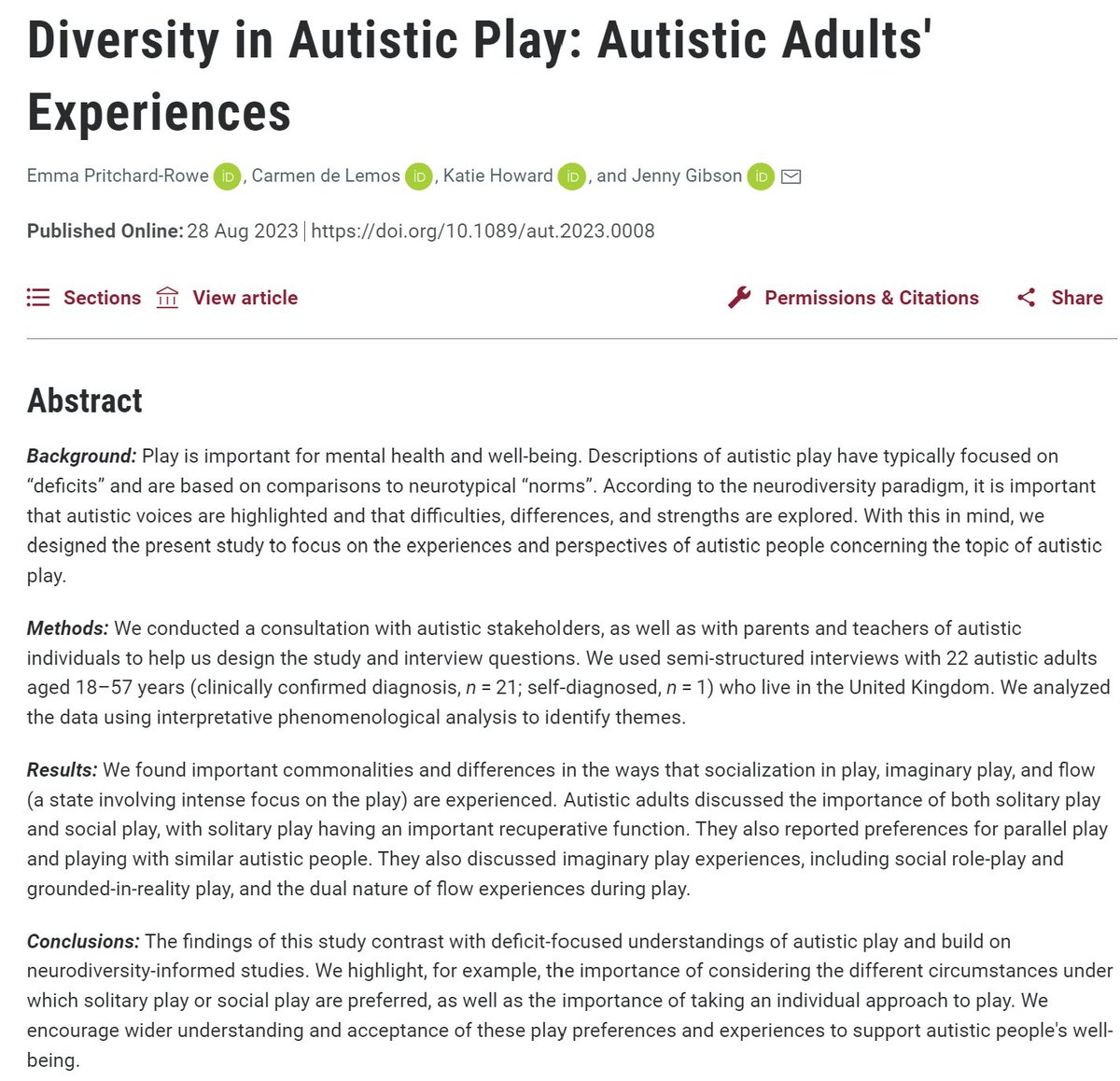 Diversity in Autistic Play: Autistic Adults' Experiences
by <a href="/EmmaPritchard95/">Dr Emma Pritchard-Rowe</a> explores the variety of ways autistic people play &amp; how we can use these preferences &amp; experiences to support autistic people's wellbeing <a href="/DrJennyG/">Jenny Gibson</a> 

NEW FREE to Sept 15

liebertpub.com/doi/10.1089/au…