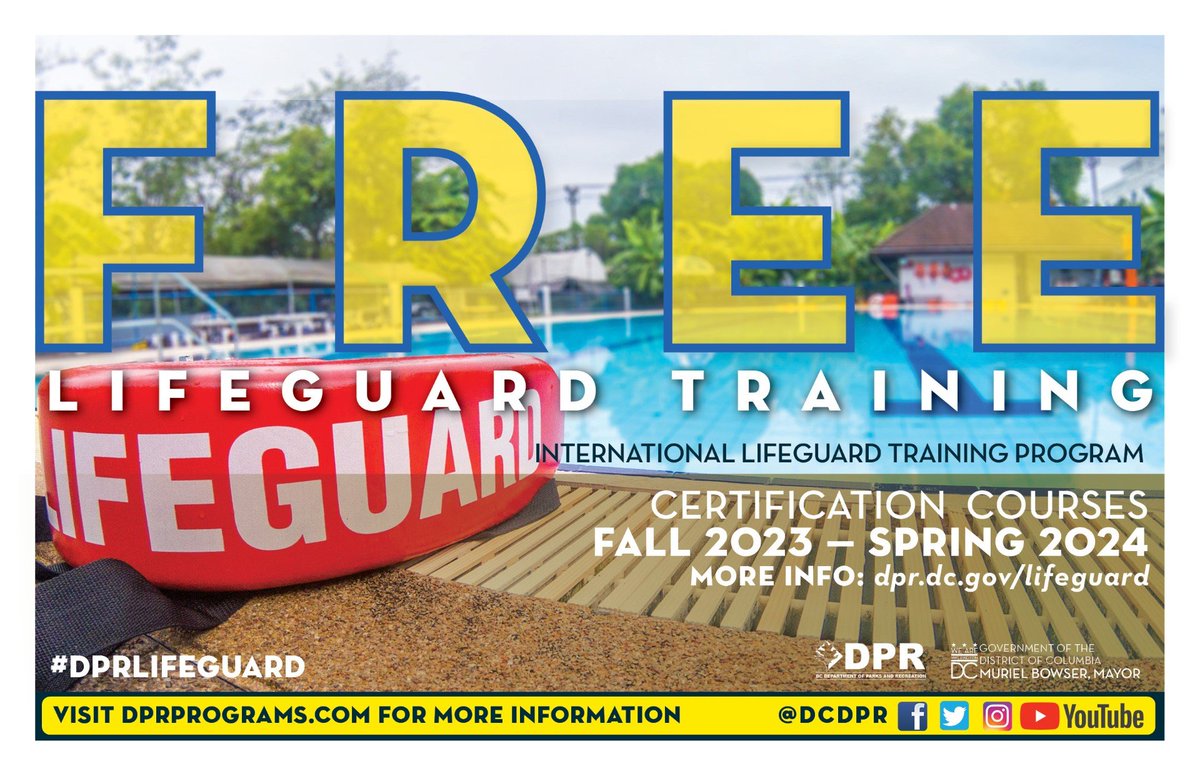 DCDPR's tweet photo. Free Lifeguard Training starts now! First class - 9/14 at Takoma. Others classes available. Sign up today. Ages 16 -up!
Get certified and be ready to get placed. #EarnwithDPR Learn more:
🛟 https://t.co/jqe521eb9R #MorethanREC https://t.co/AydmiKDMwW