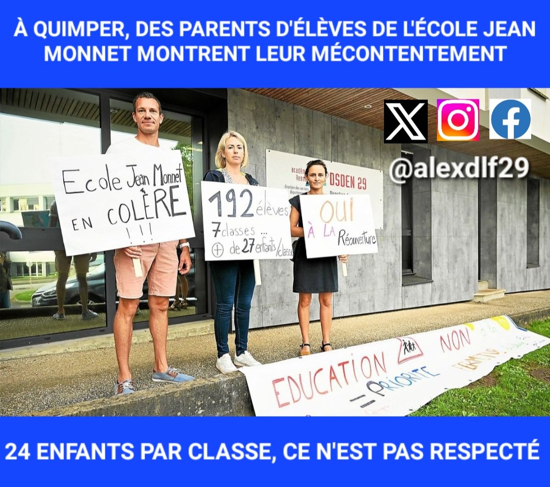 #PISE2027
Tout notre soutien à ces parents d'élèves de l'école #JeanMonnet à #Quimper 💪💪
@DLF_Officiel adressera un courrier à la @DSDEN29 semaine prochaine à ce sujet 🇨🇵🇨🇵
#EducationNationale #rentree2023
#Finistère #Brest #Concarneau #Landerneau #Morlaix
@dupontaignan